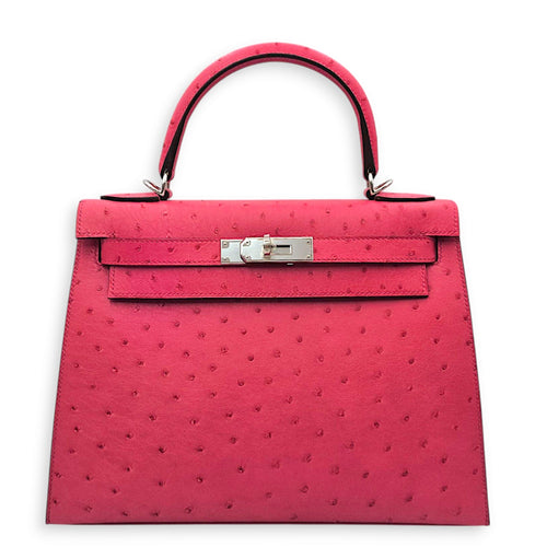 Sellier Kelly 28 Rose Tyrien  in Ostrich Palladium hardware