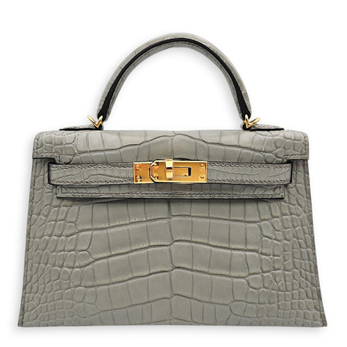 Sellier Kelly 20 Gris Ciment in Matte Alligator, Gold hardware