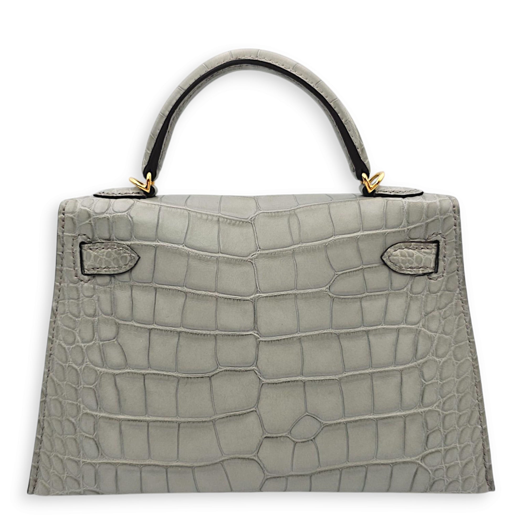 Sellier Kelly 20 Gris Ciment in Matte Alligator, Gold hardware