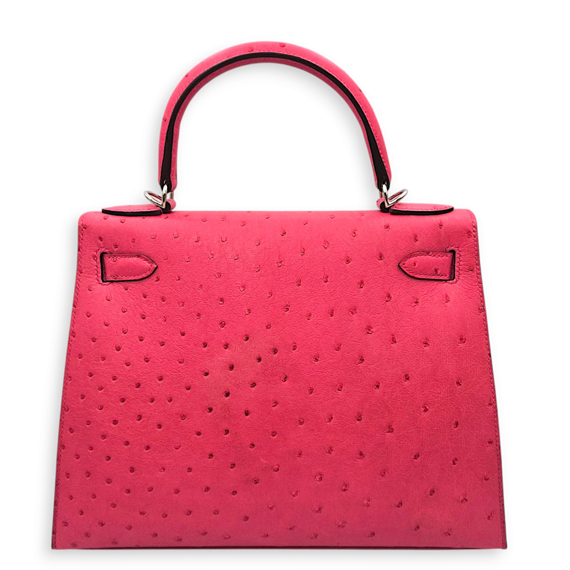Sellier Kelly 28 Rose Tyrien  in Ostrich Palladium hardware