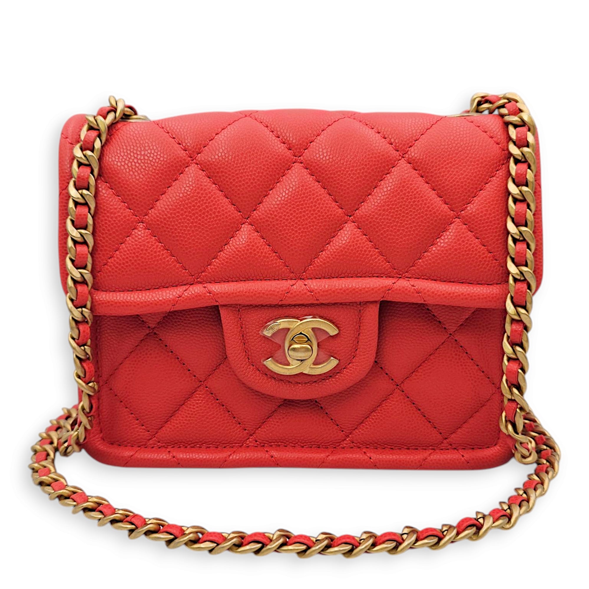 Chanel Quilted Seasonal Flap (Square) Coral Shoulder Bag in Soft Caviar, Gold hardware