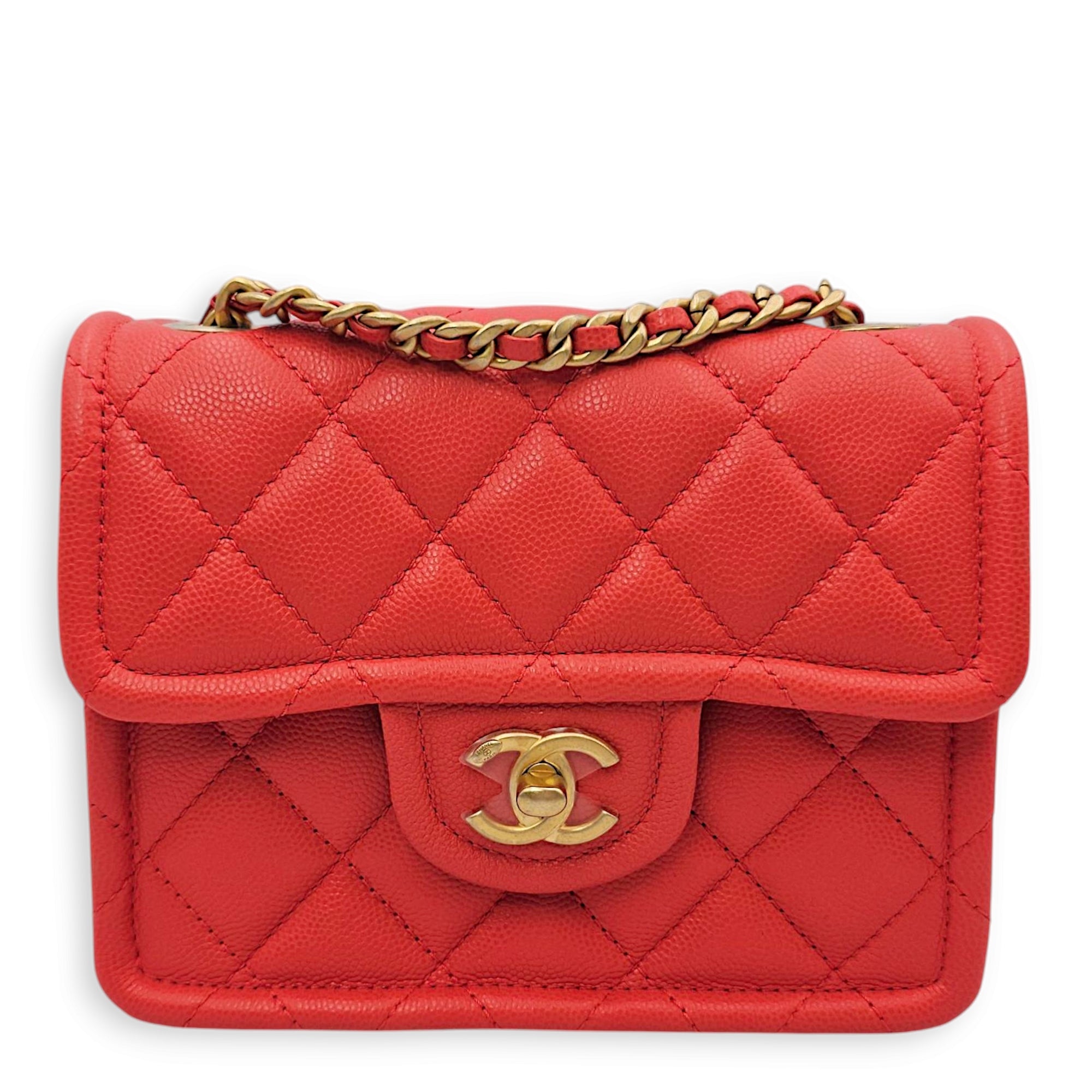 Chanel Quilted Seasonal Flap (Square) Coral Shoulder Bag in Soft Caviar, Gold hardware