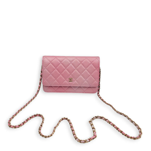 Classic Pink Wallet On Chain in Calfskin, Gold hardware