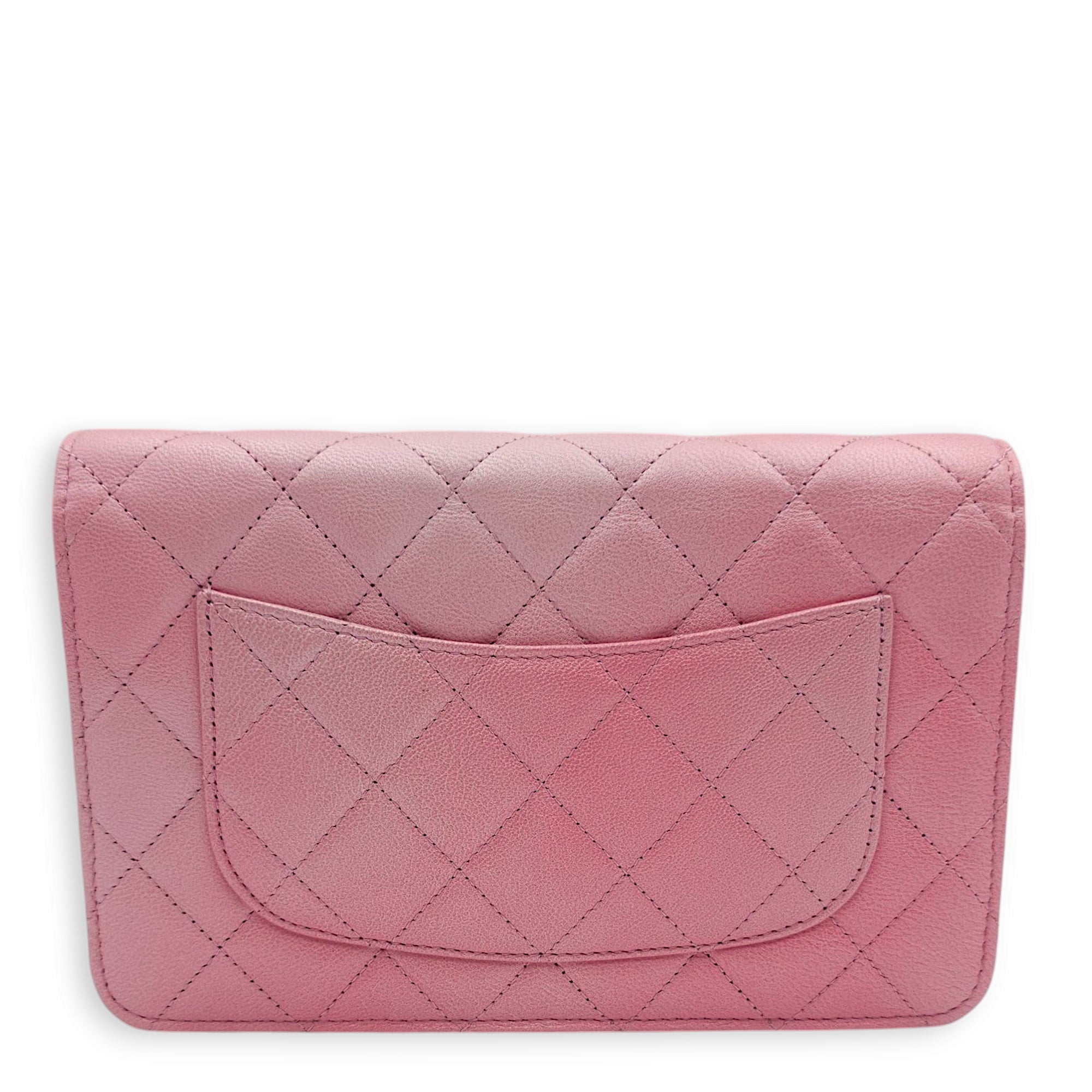 Classic Pink Wallet On Chain in Calfskin, Gold hardware