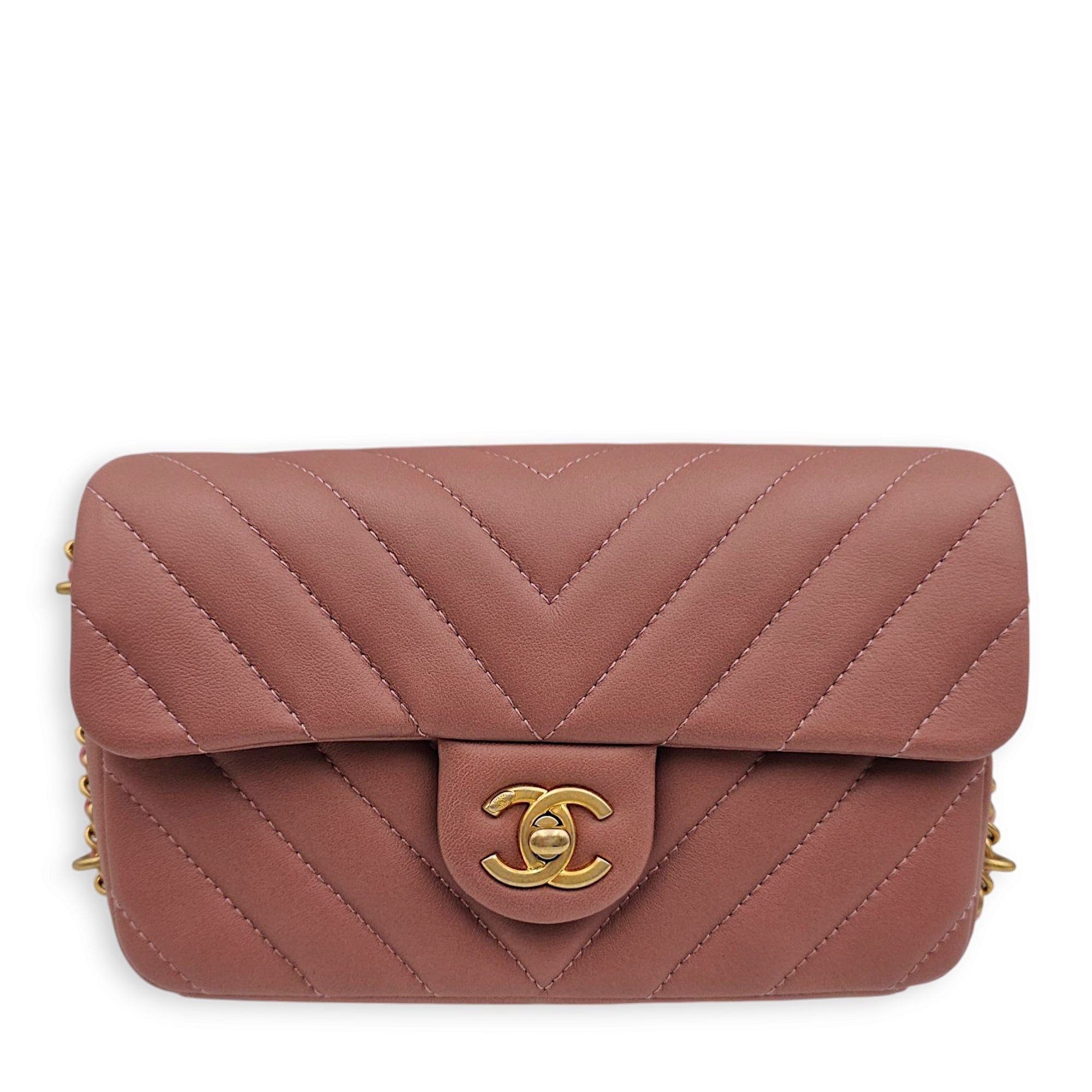 Chain Around Chevron Mini Flap 21x14x6cm Dusty Rose Crossbody Bag in Lambskin, Gold hardware