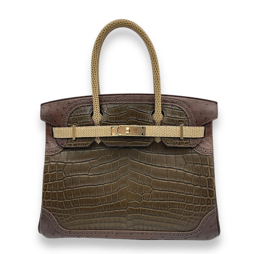 Grand Marriage Birkin 30 Multi-colour in Ostrich/Lizard/Matte Niloticus, Permabrass hardware