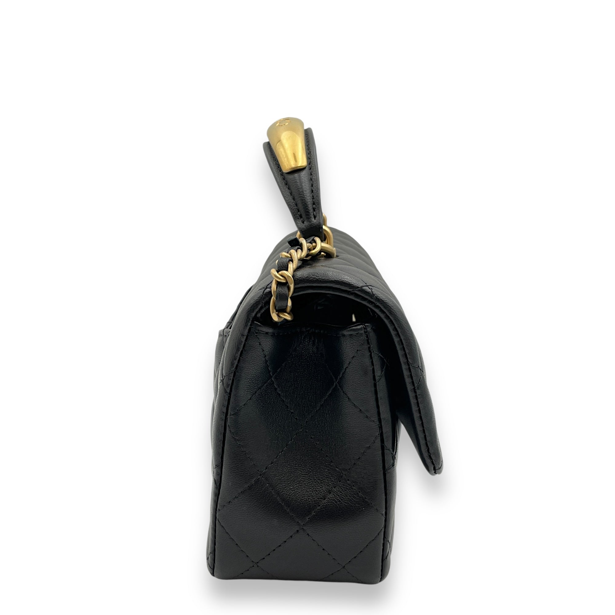 Rectangle with Metal Top Handle Mini Black Crossbody Bag in Lambskin Gold hardware