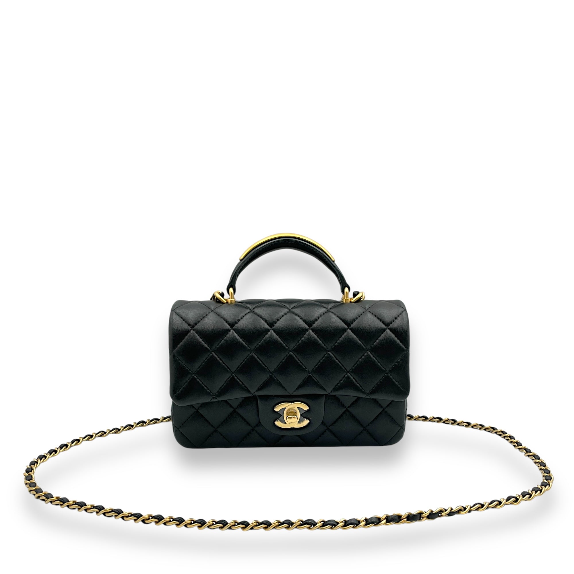 Rectangle with Metal Top Handle Mini Black Crossbody Bag in Lambskin Gold hardware CL2411-7163 6