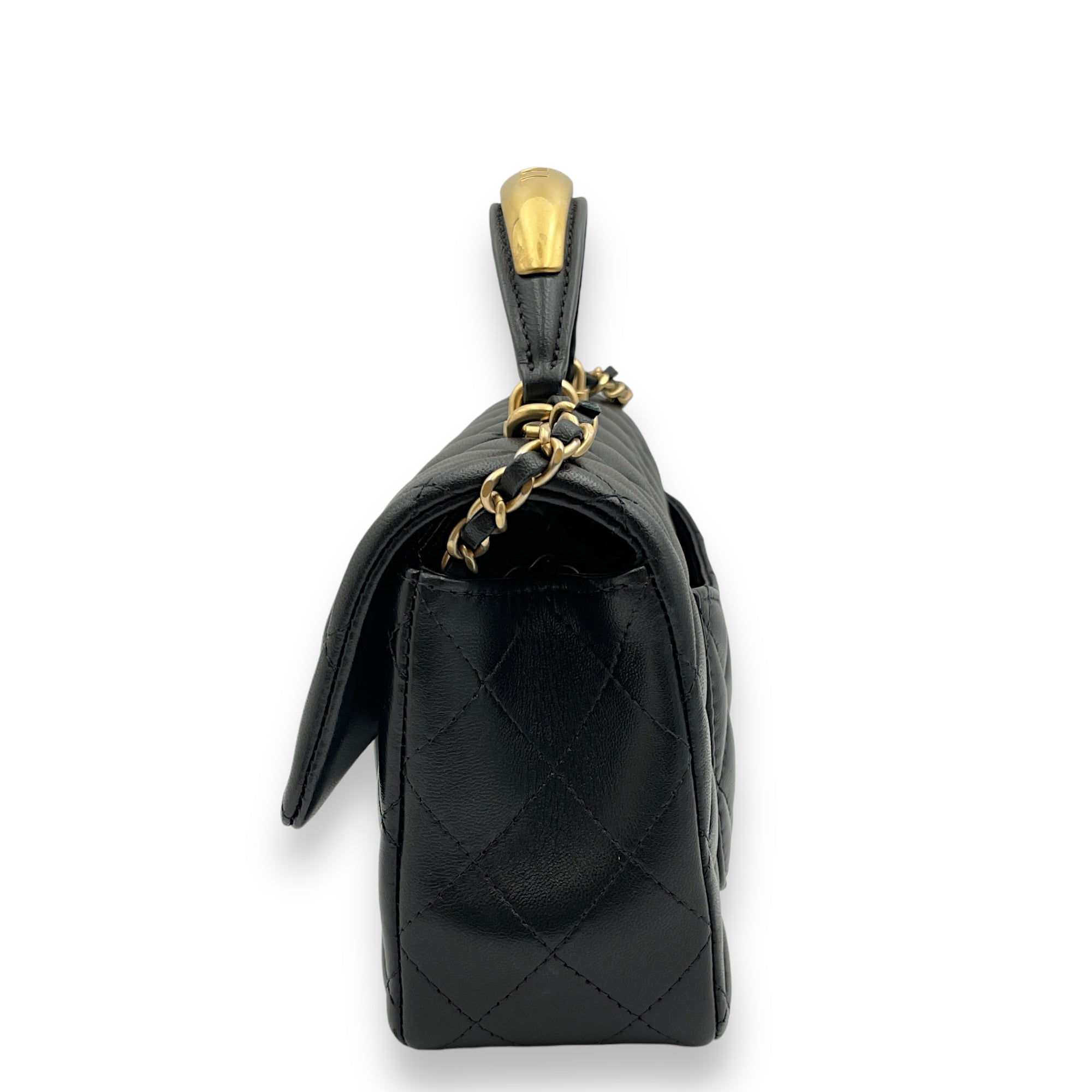 Rectangle with Metal Top Handle Mini Black Crossbody Bag in Lambskin Gold hardware