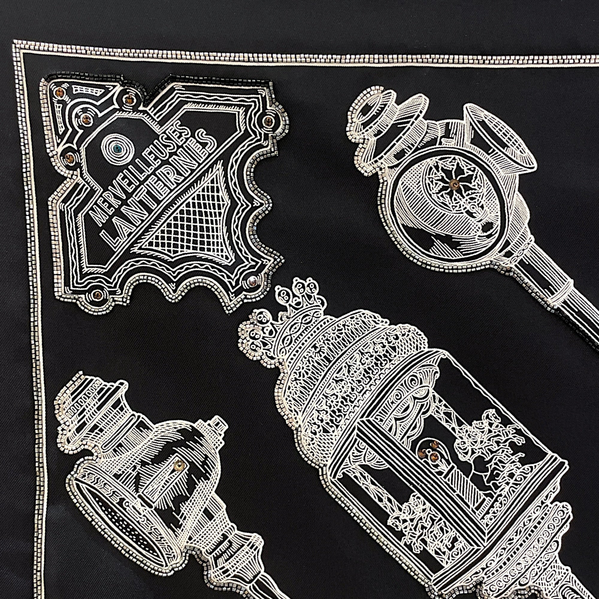 Merveilleuses Lanternes 90 Black Embroidered Scarf Merveilleuses Lanternes 90 Black Embroidered Scarf