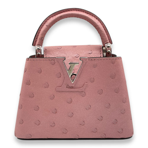 Capuccines Nano Pink Crossbody Bag in Ostrich, Silver hardware