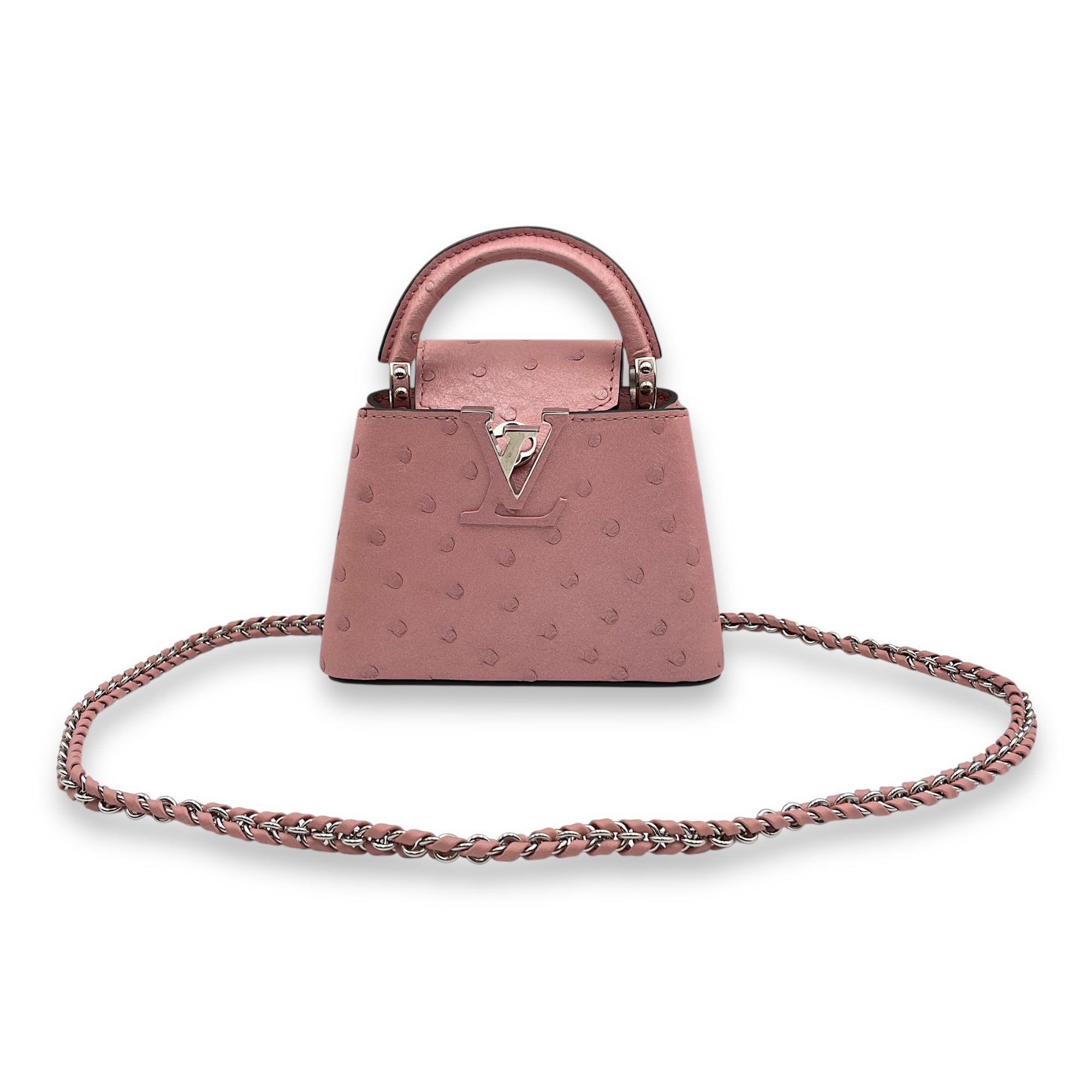 Capuccines Nano Pink Crossbody Bag in Ostrich, Silver hardware