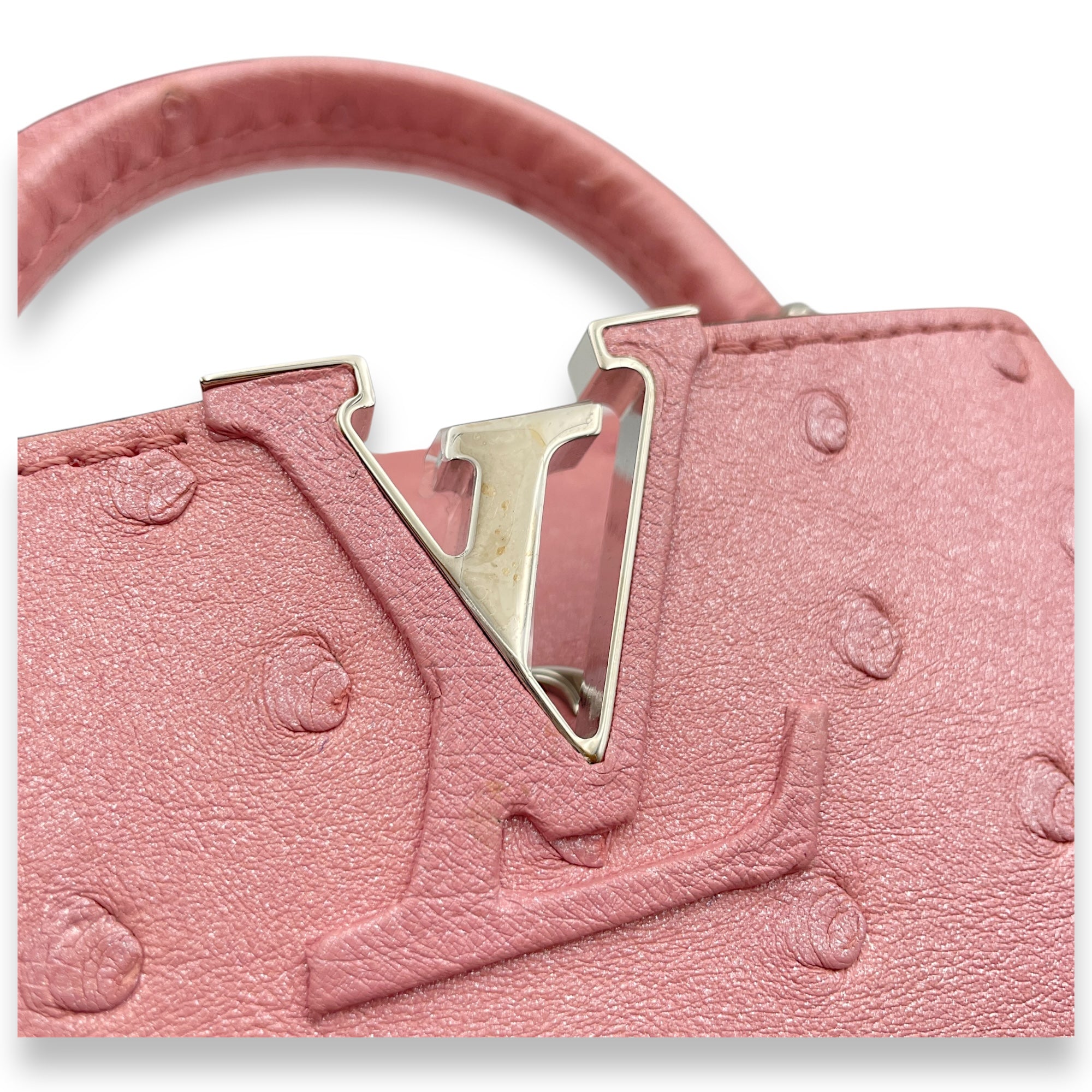 Capuccines Nano Pink Crossbody Bag in Ostrich, Silver hardware