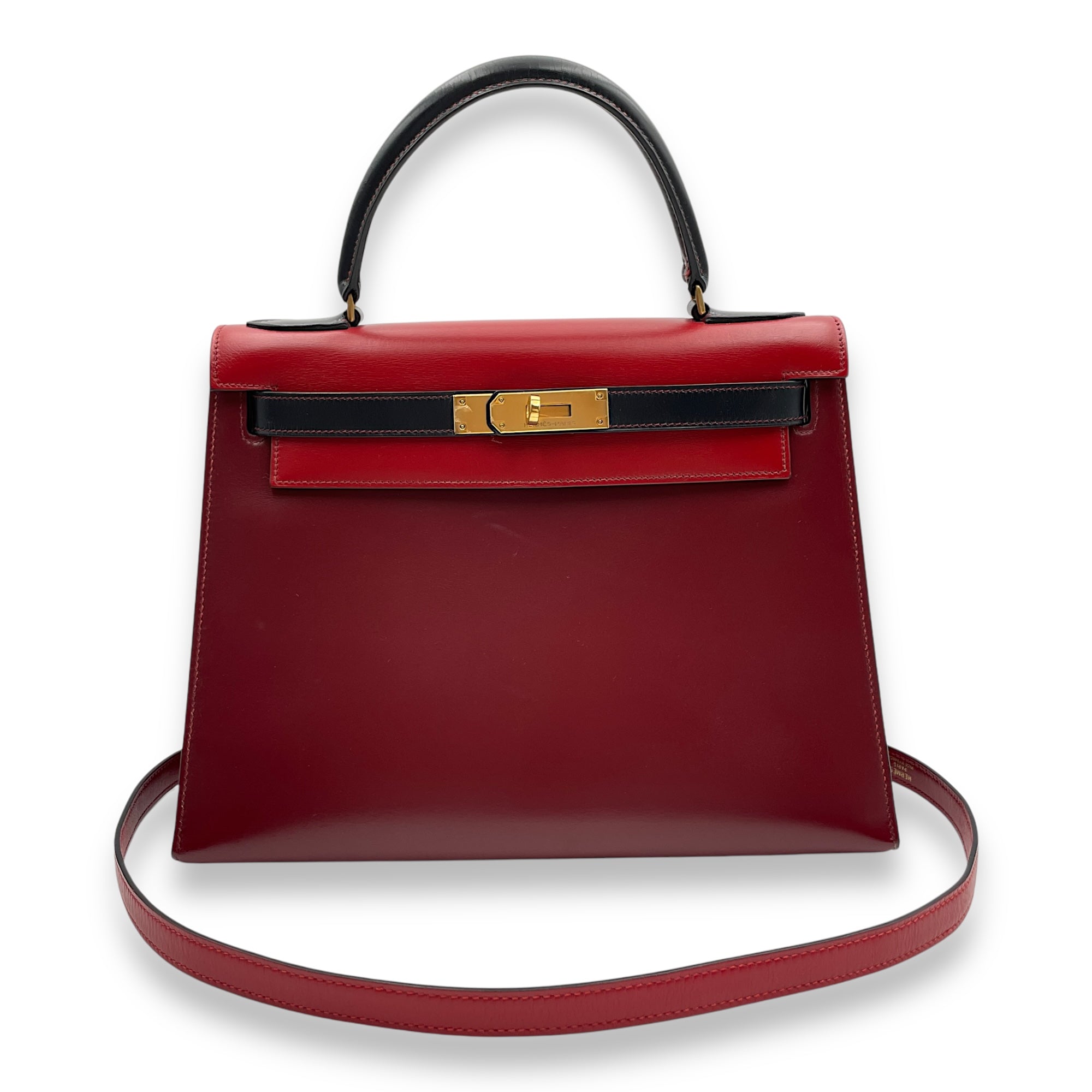 Sellier Kelly 28 Rouge H/Marine in Box, Gold hardware