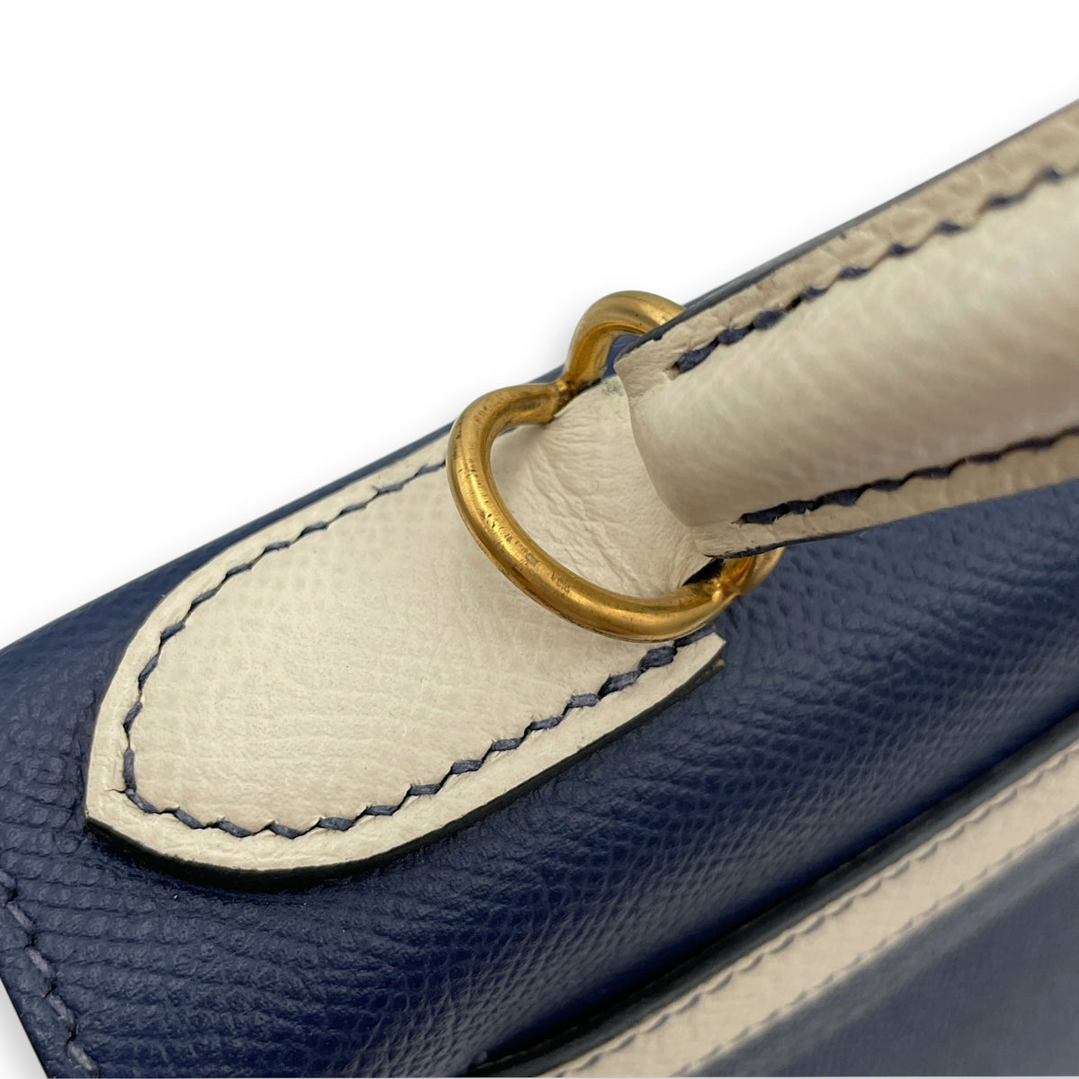 HSS Sellier Kelly 28 Blue Sapphire/Craie  in Epsom Brushed Gold hardware