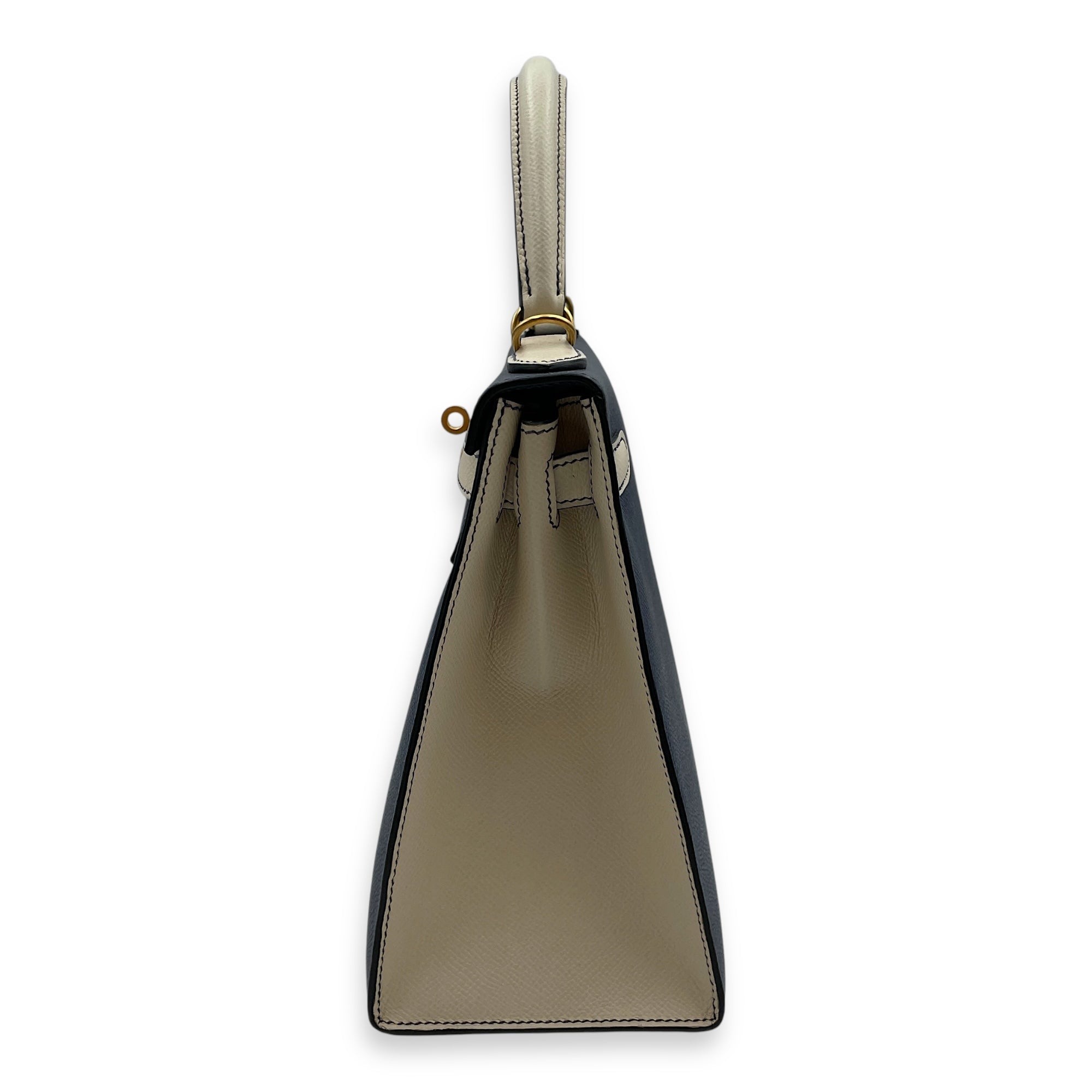 HSS Sellier Kelly 28 Blue Sapphire/Craie in Epsom, Brushed Gold hardware