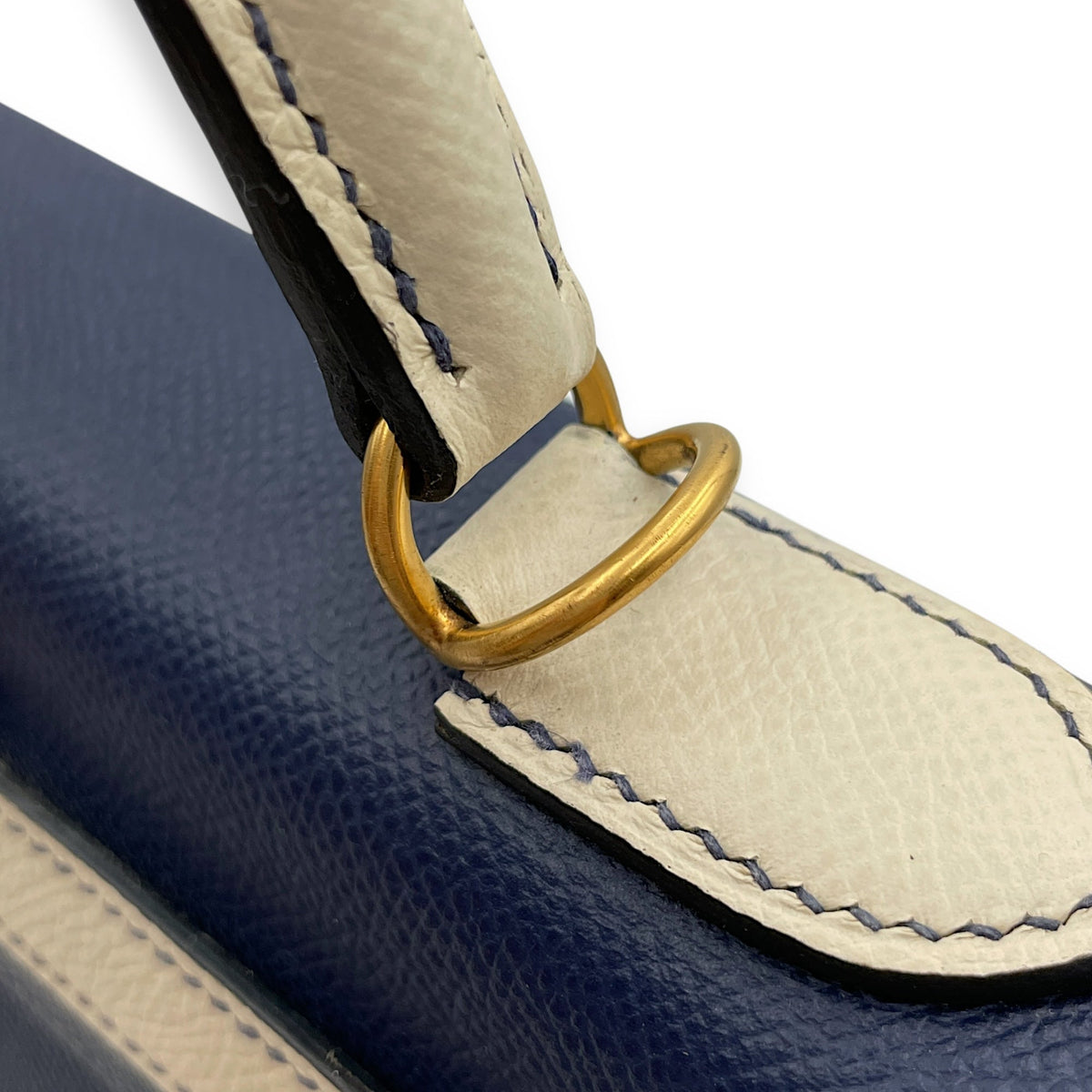 HSS Sellier Kelly 28 Blue Sapphire/Craie  in Epsom Brushed Gold hardware