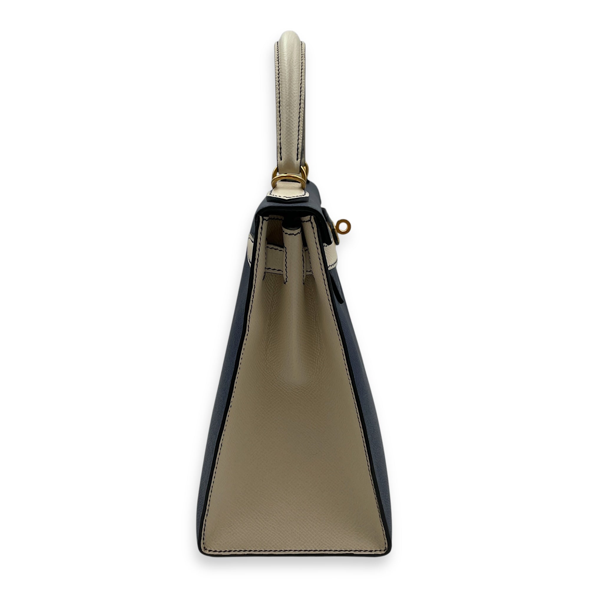 HSS Sellier Kelly 28 Blue Sapphire/Craie in Epsom, Brushed Gold hardware
