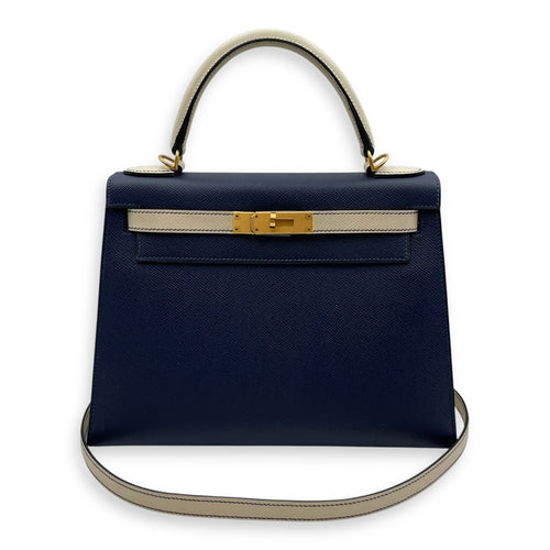 HSS Sellier Kelly 28 Blue Sapphire/Craie  in Epsom Brushed Gold hardware