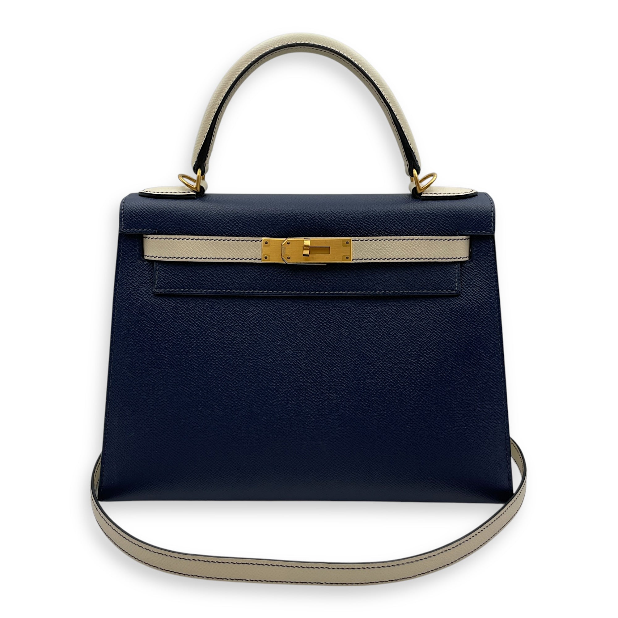 HSS Sellier Kelly 28 Blue Sapphire/Craie in Epsom, Brushed Gold hardware