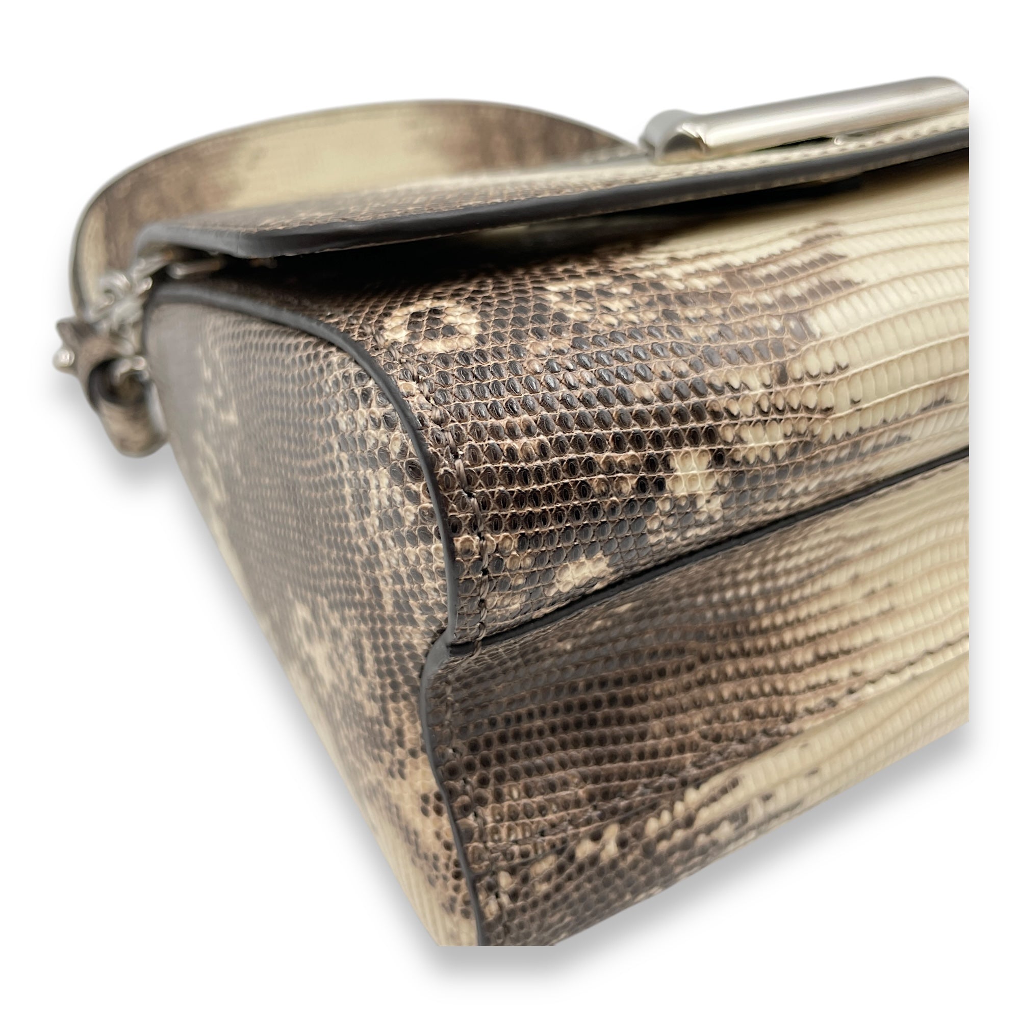 Twist PM Beige Crossbody Bag in Lizard Varanus Salvator, Silver hardware
