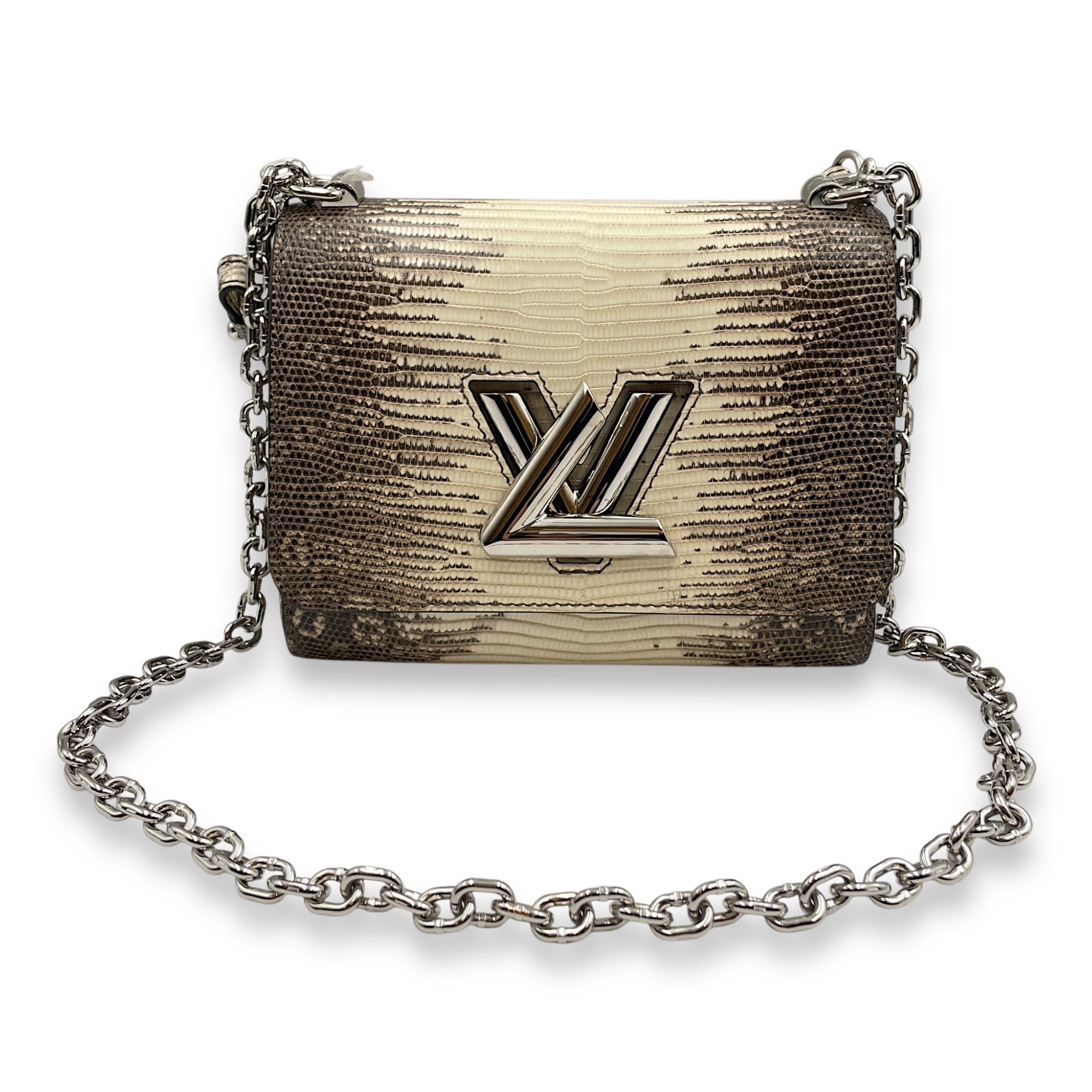 Twist PM Beige Crossbody Bag in Lizard Varanus Salvator, Silver hardware