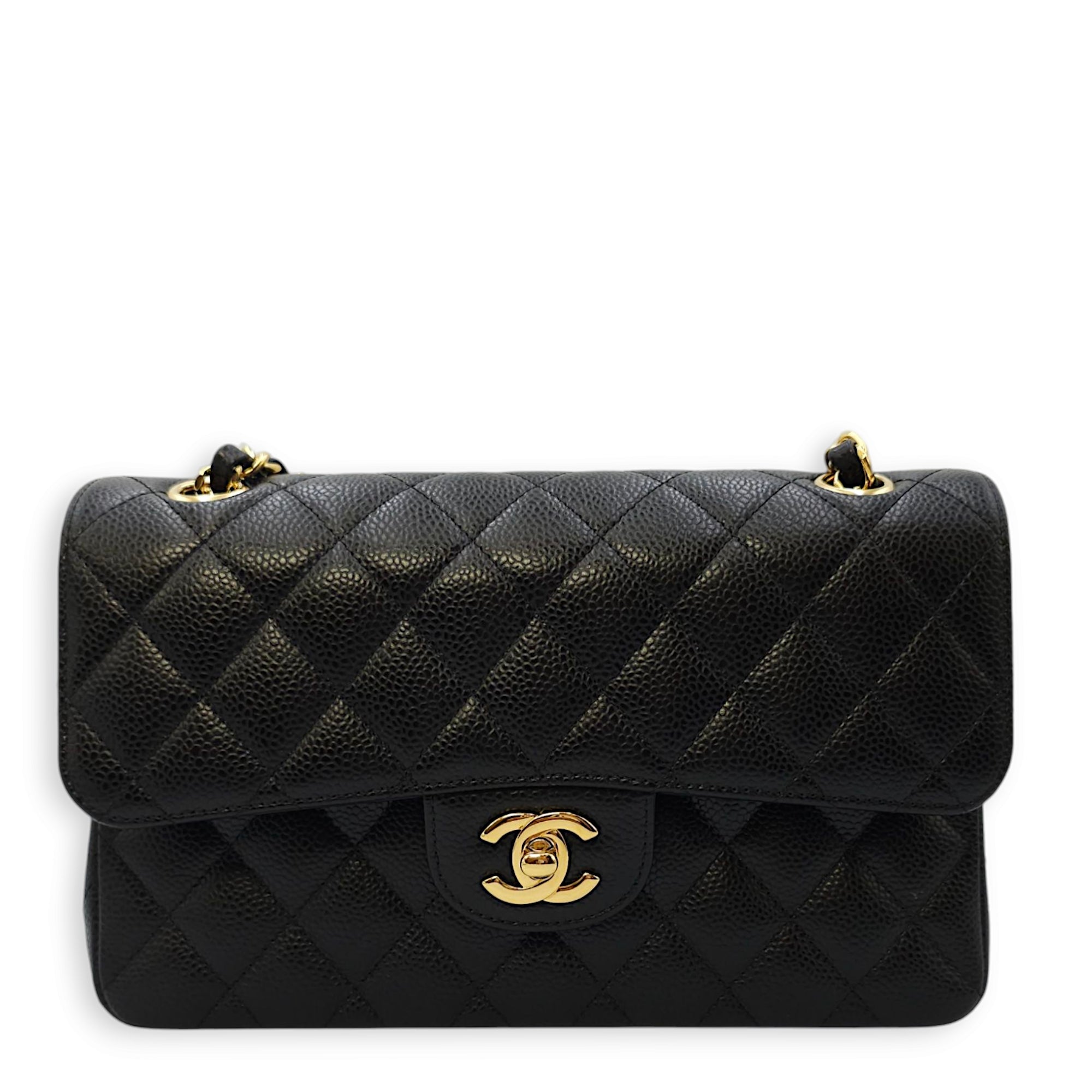 Classic (DF) Small Black Shoulder Bag in Caviar Leather, Gold hardware