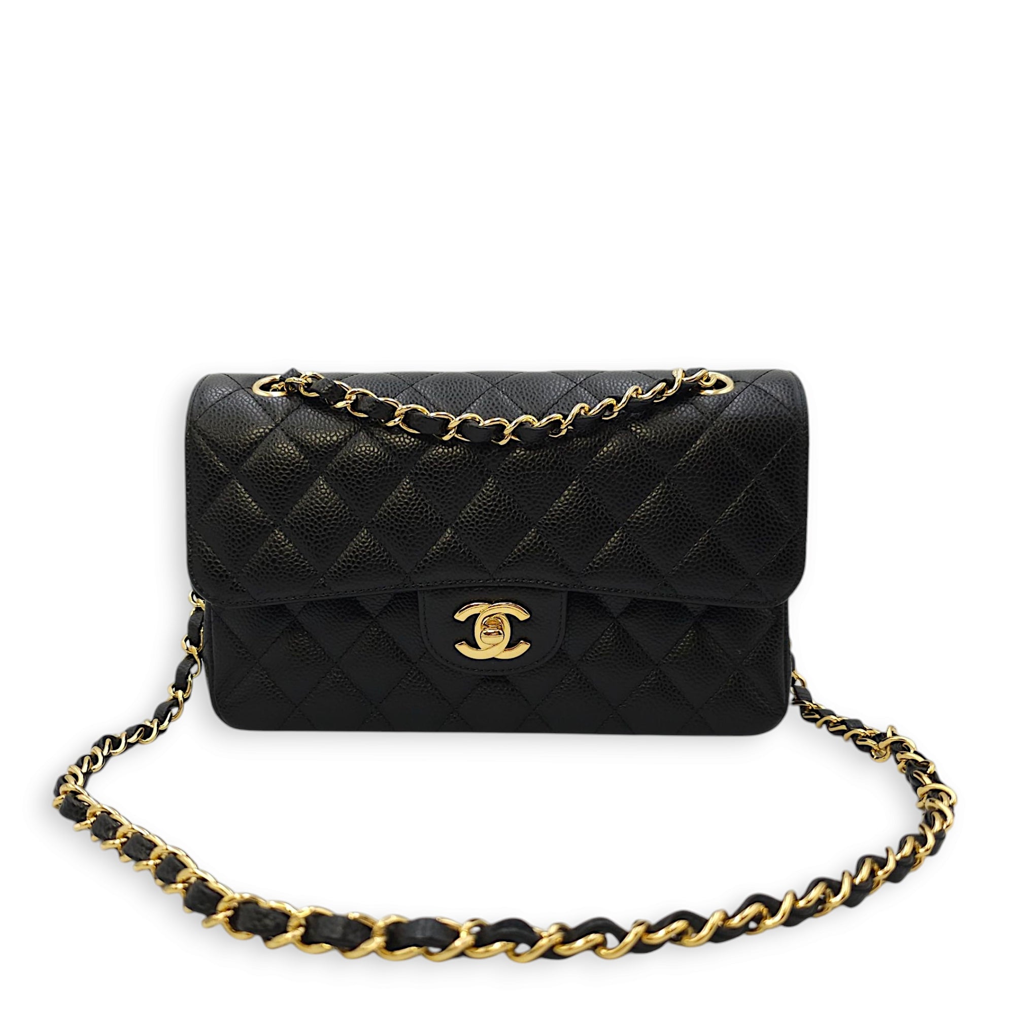 Classic (DF) Small Black Shoulder Bag in Caviar Leather, Gold hardware