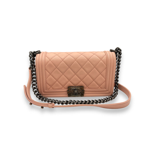 Quilted Boy (25cm) Medium Pink Crossbody Bag in Calfskin, Ruthenium hardware