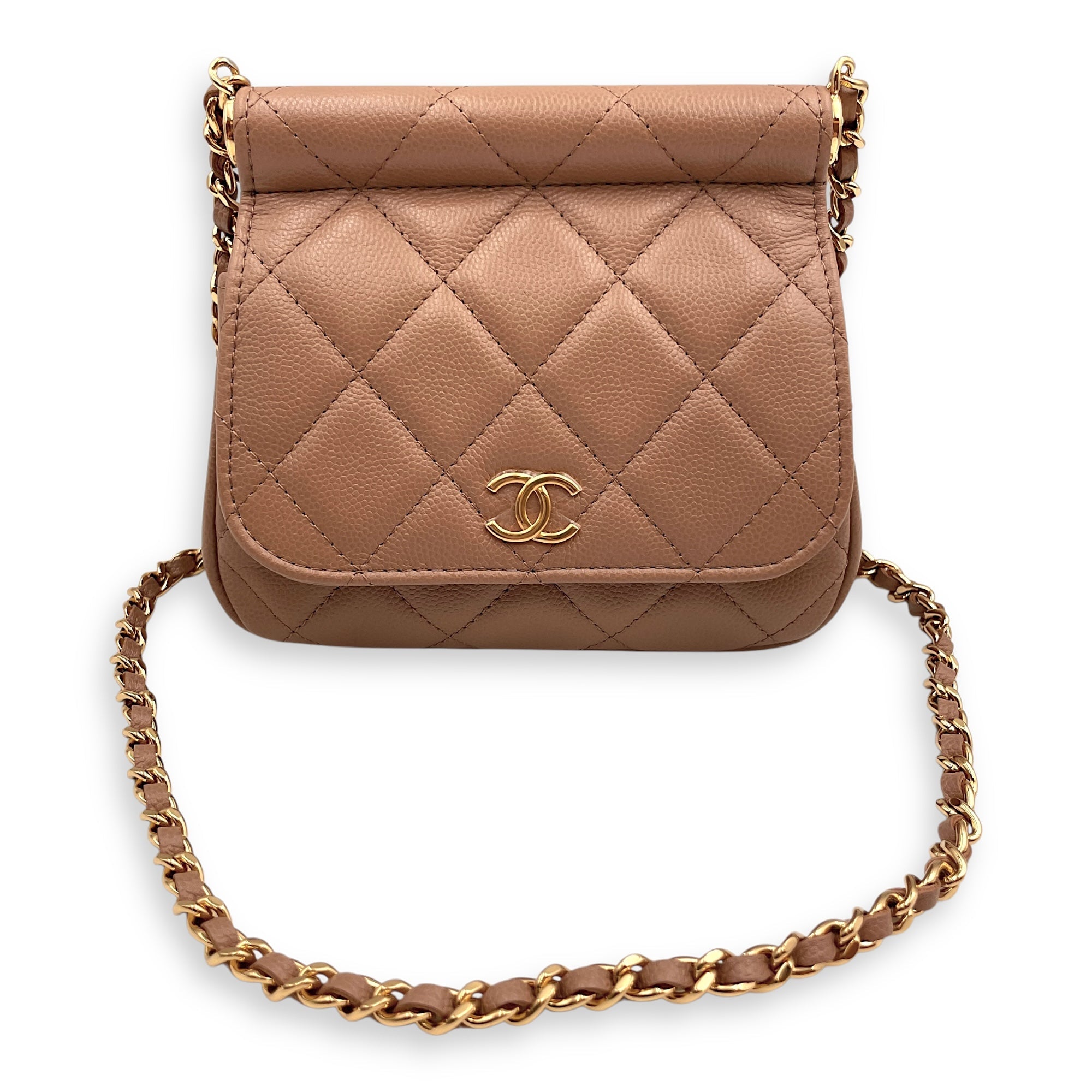 Quilted Frame Clutch-On-Chain 14x12x5.5cm Dark Beige Crossbody Bag in Caviar Leather Gold hardware