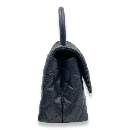 Quilted Coco Handle (23cm) Small Navy Blue Crossbody Bag in Caviar Leather, Gold hardware