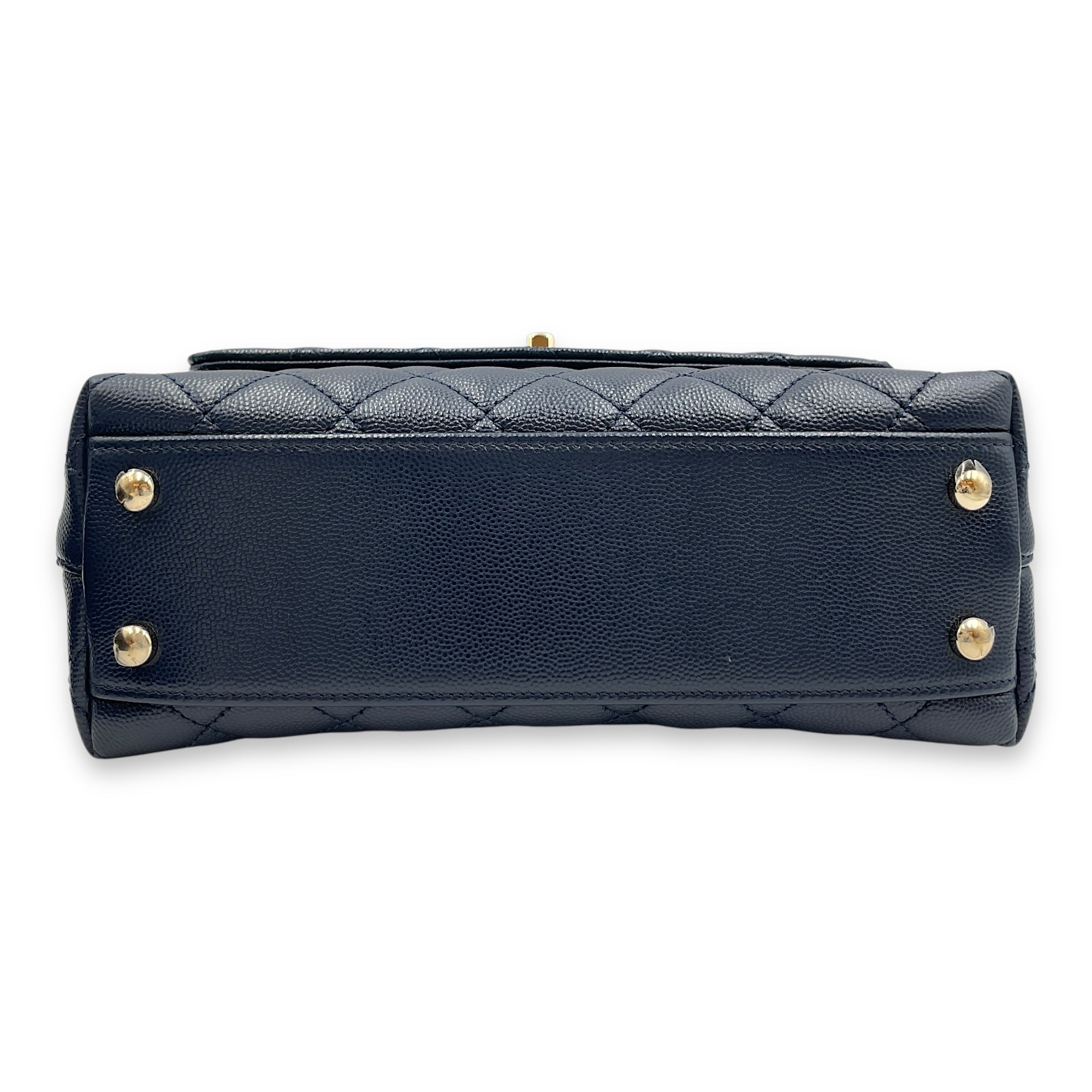 Quilted Coco Handle (23cm) Small Navy Blue Crossbody Bag in Caviar Leather, Gold hardware