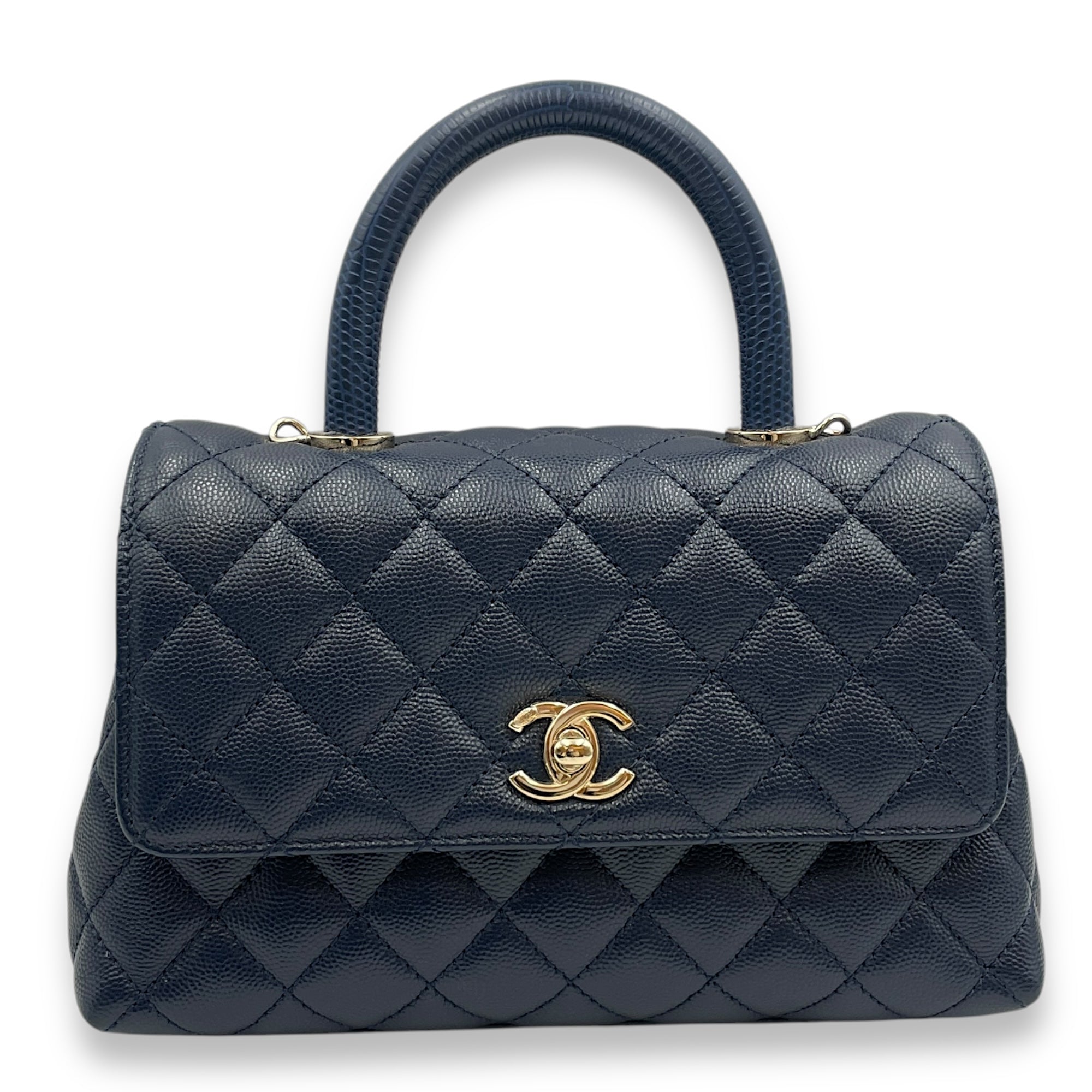 Quilted Coco Handle (23cm) Small Navy Blue Crossbody Bag in Caviar Leather, Gold hardware