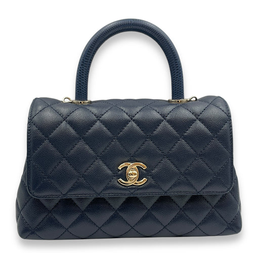 Quilted Coco Handle (23cm) Small Navy Blue Crossbody Bag in Caviar Leather, Gold hardware
