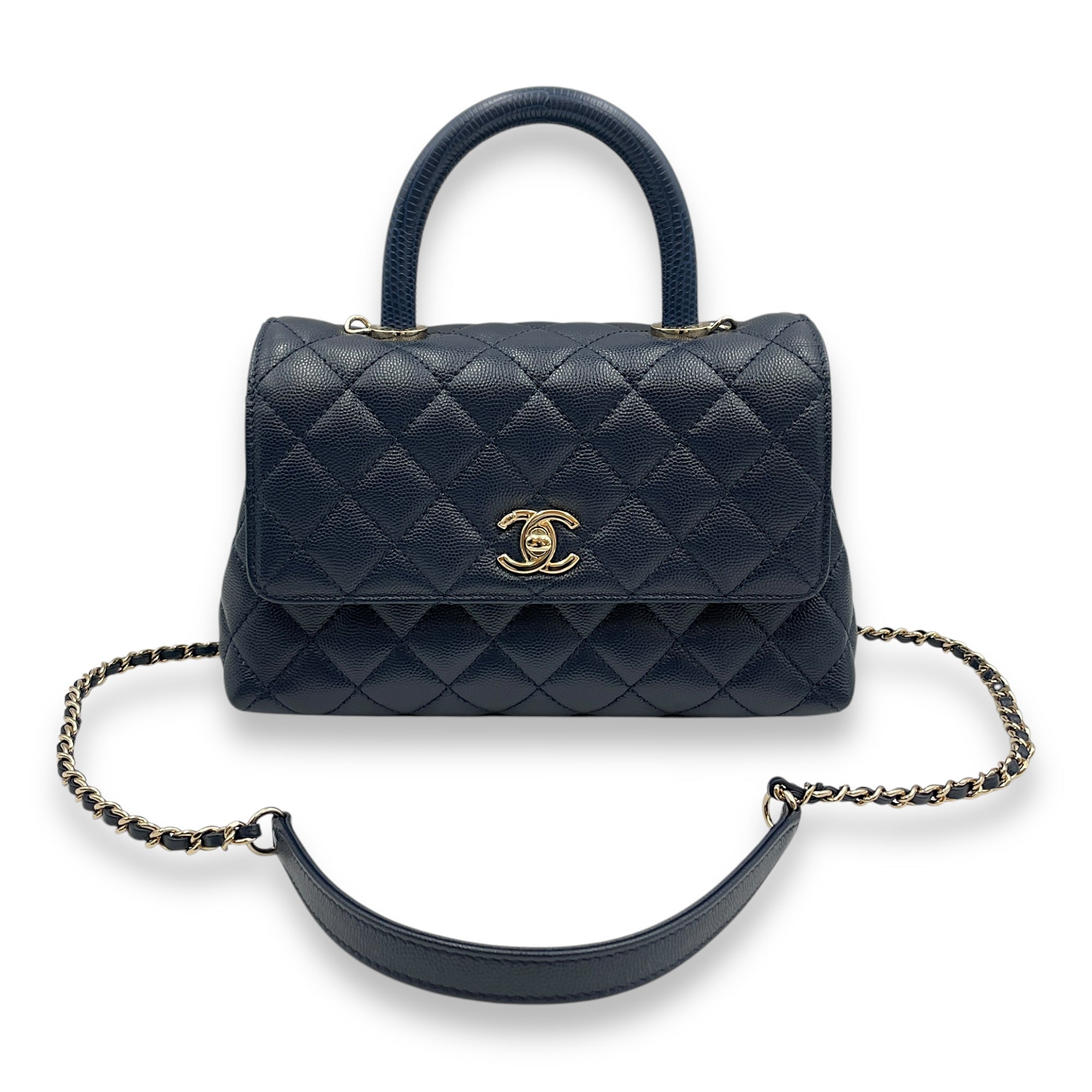 Quilted Coco Handle (23cm) Small Navy Blue Crossbody Bag in Caviar Leather, Gold hardware