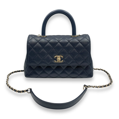 Quilted Coco Handle (23cm) Small Navy Blue Crossbody Bag in Caviar Leather, Gold hardware