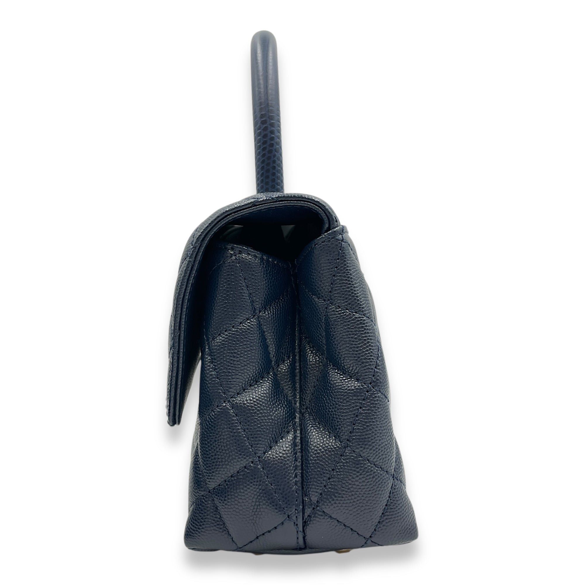 Quilted Coco Handle (23cm) Small Navy Blue Crossbody Bag in Caviar Leather, Gold hardware