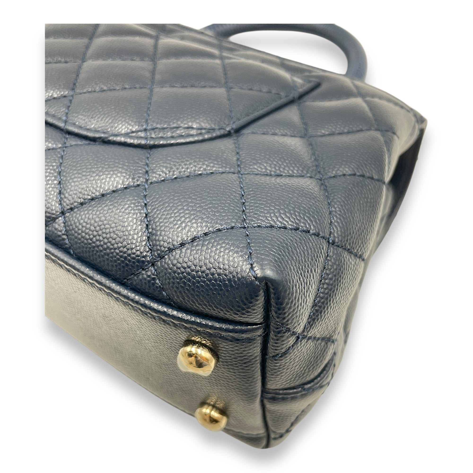 Quilted Coco Handle (23cm) Small Navy Blue Crossbody Bag in Caviar Leather, Gold hardware