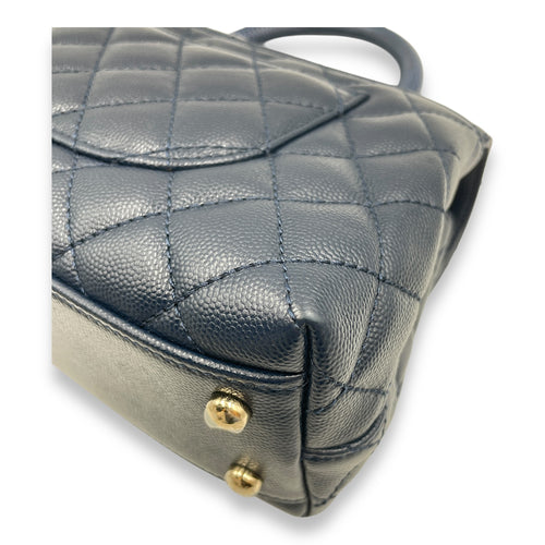 Quilted Coco Handle (23cm) Small Navy Blue Crossbody Bag in Caviar Leather, Gold hardware