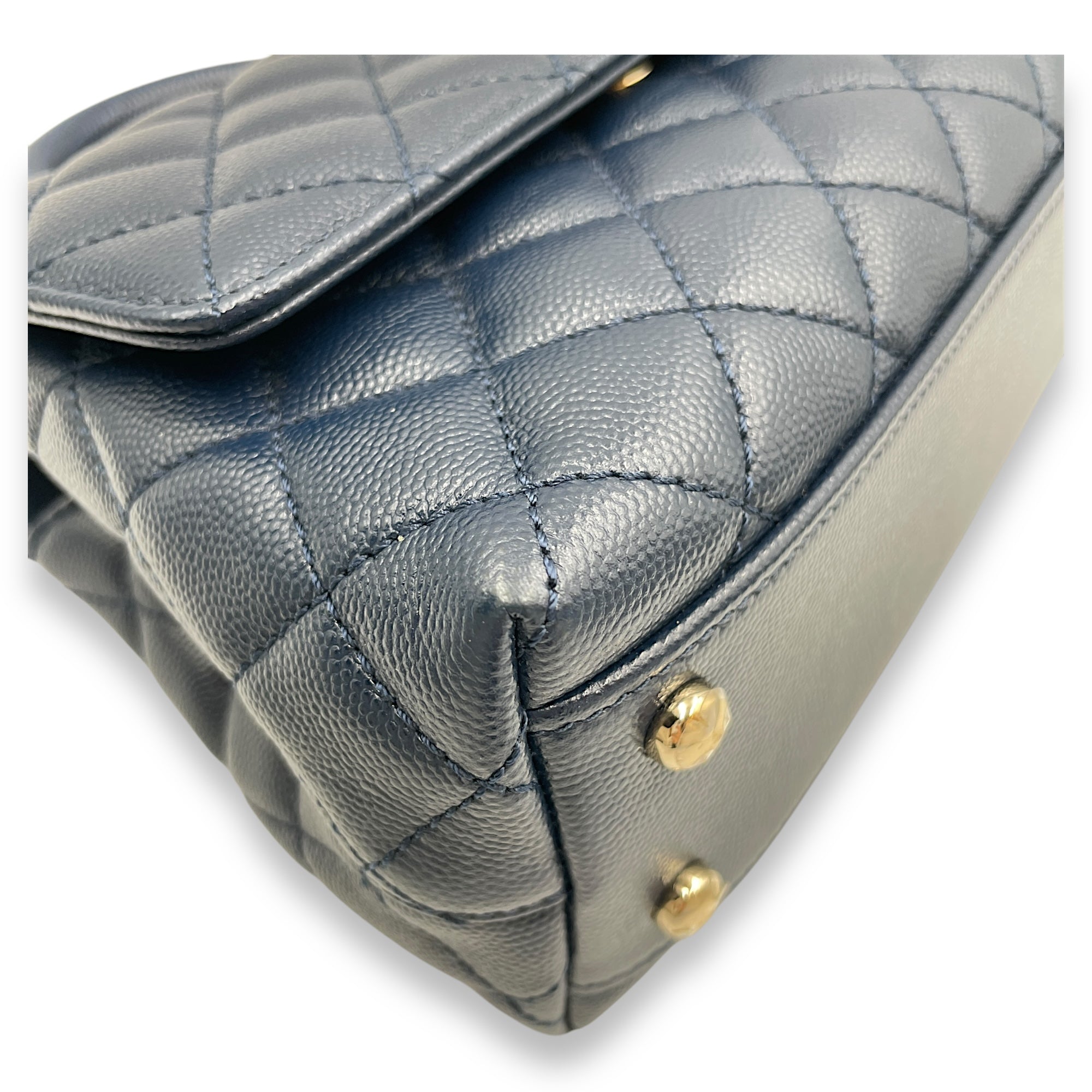 Quilted Coco Handle (23cm) Small Navy Blue Crossbody Bag in Caviar Leather, Gold hardware