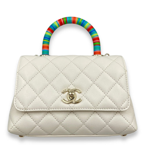 Quilted Coco Handle (18cm) Mini White, Rainbow Handle Crossbody Bag in Calfskin Gold hardware CL2503-11133 1