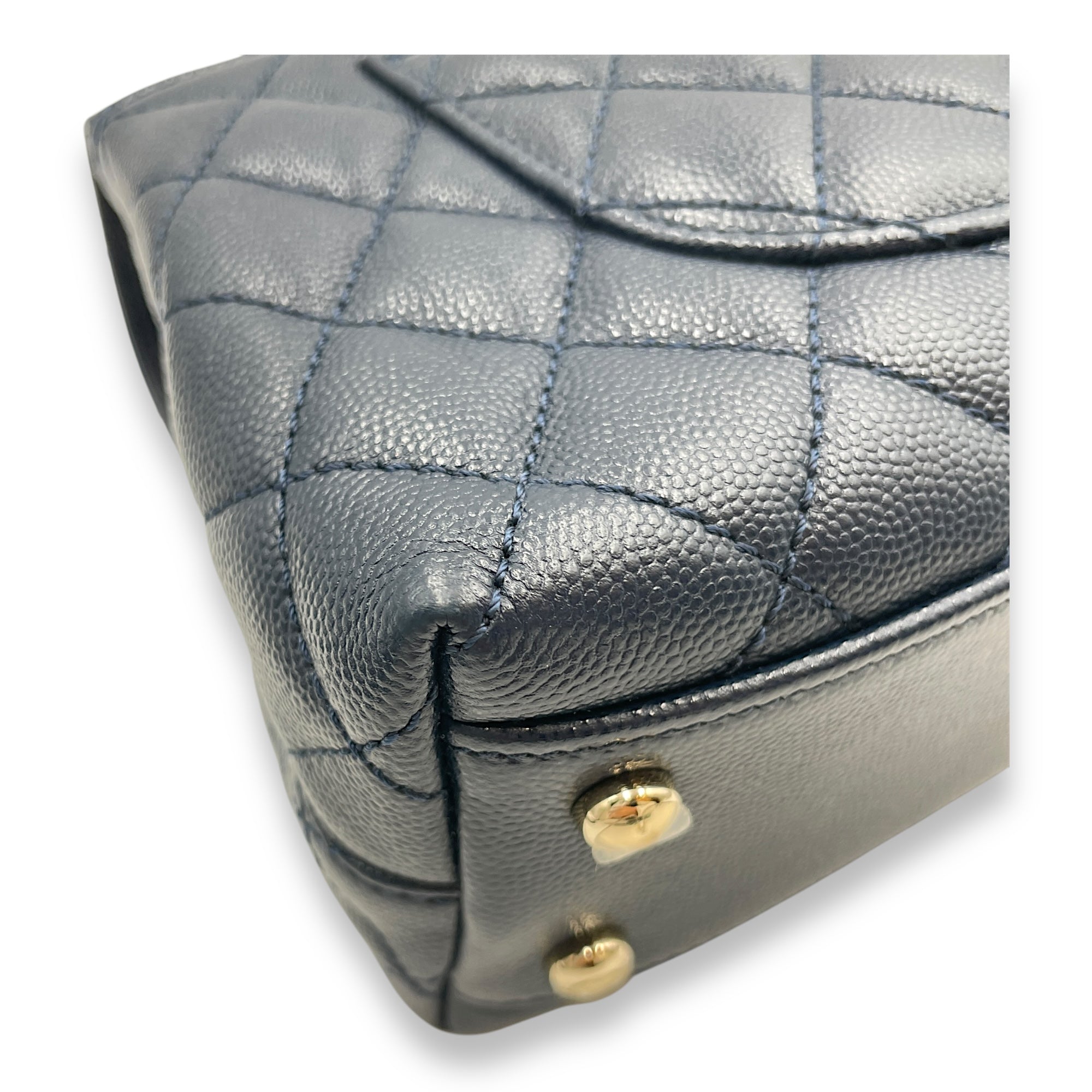 Quilted Coco Handle (23cm) Small Navy Blue Crossbody Bag in Caviar Leather, Gold hardware
