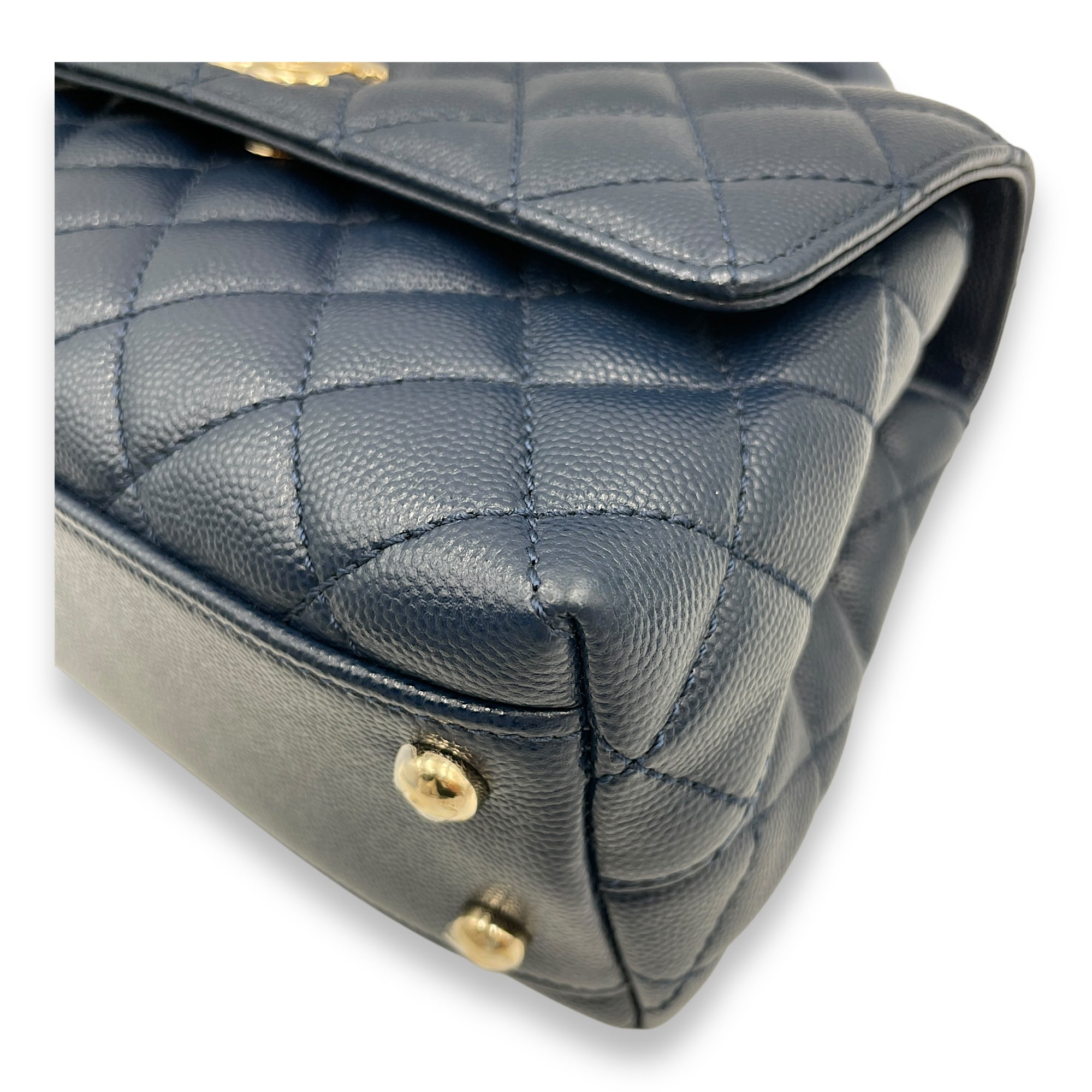 Quilted Coco Handle (23cm) Small Navy Blue Crossbody Bag in Caviar Leather, Gold hardware