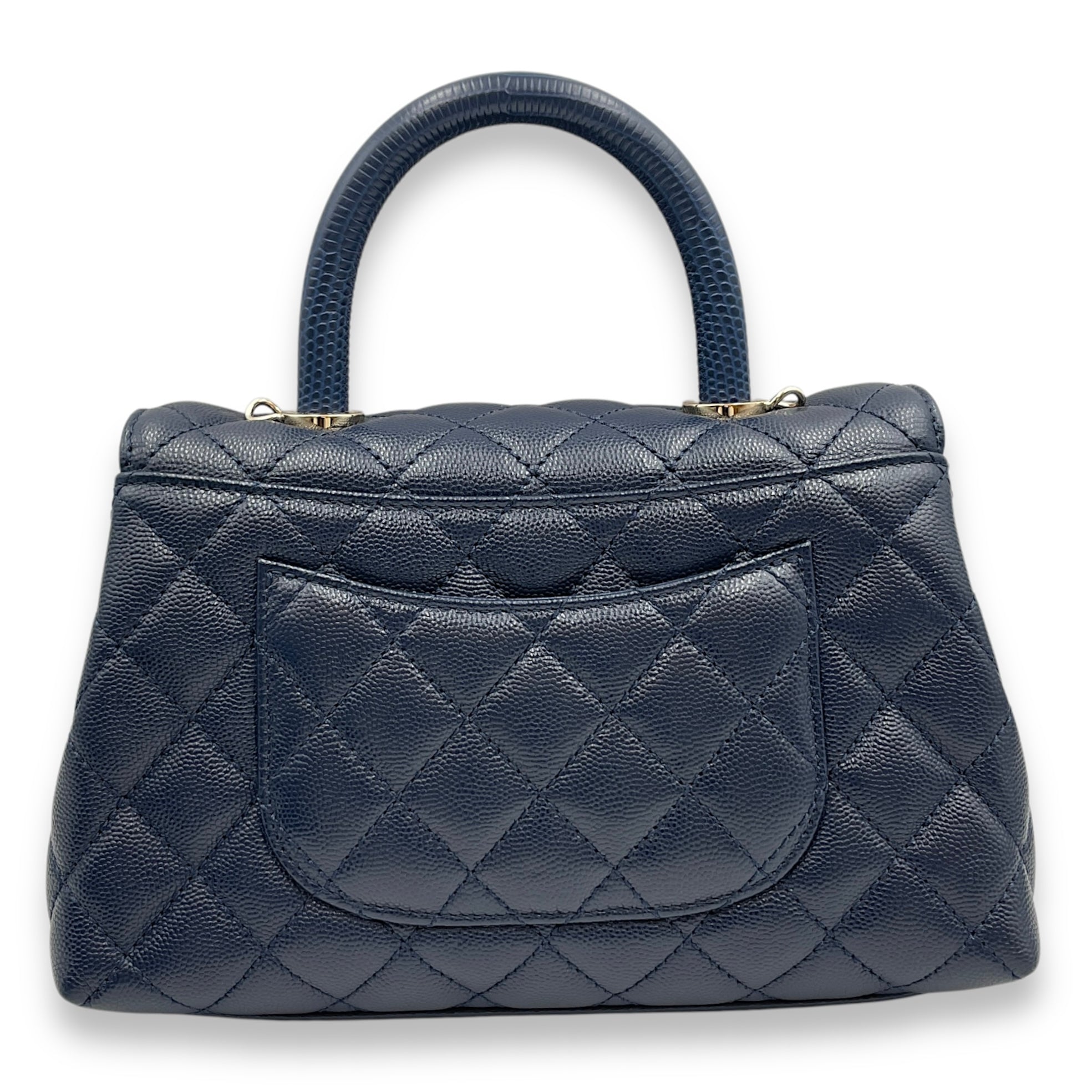 Quilted Coco Handle (23cm) Small Navy Blue Crossbody Bag in Caviar Leather, Gold hardware