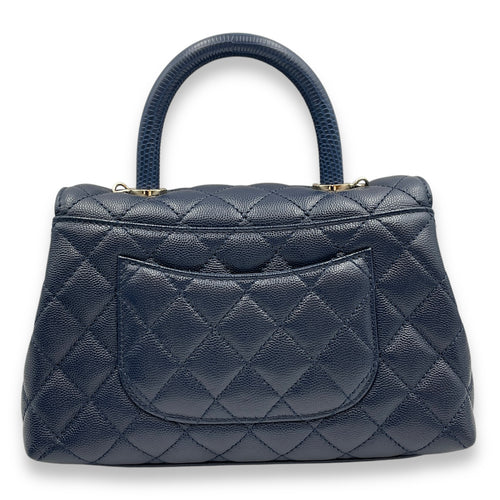 Quilted Coco Handle (23cm) Small Navy Blue Crossbody Bag in Caviar Leather, Gold hardware