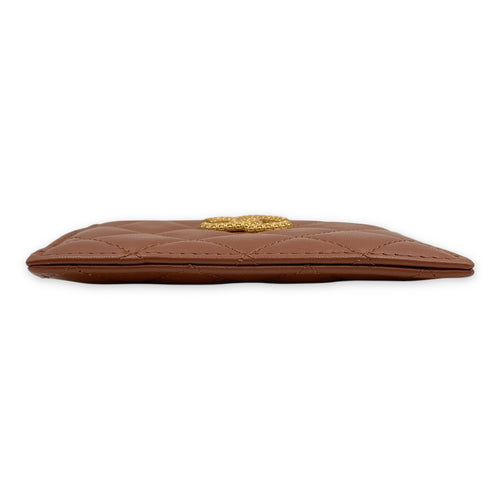 Brown Card Holder in Lambskin, Gold hardware