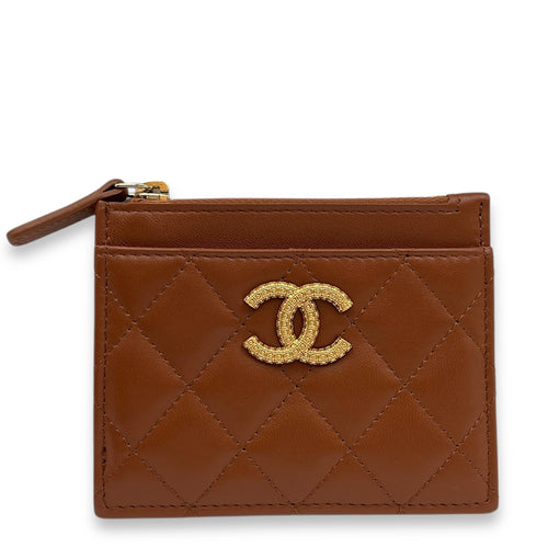 Brown Card Holder in Lambskin, Gold hardware