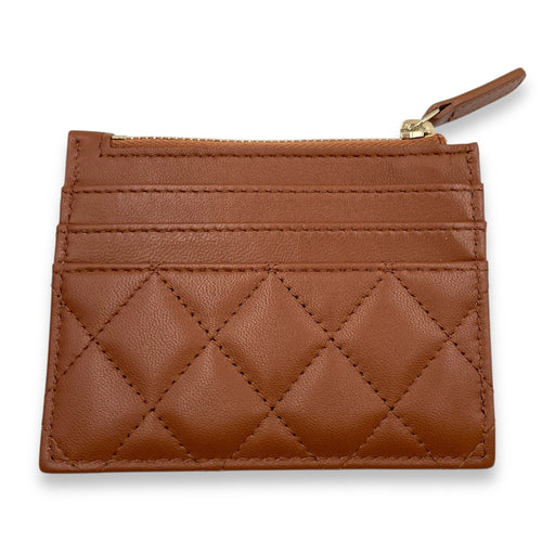 Brown Card Holder in Lambskin, Gold hardware