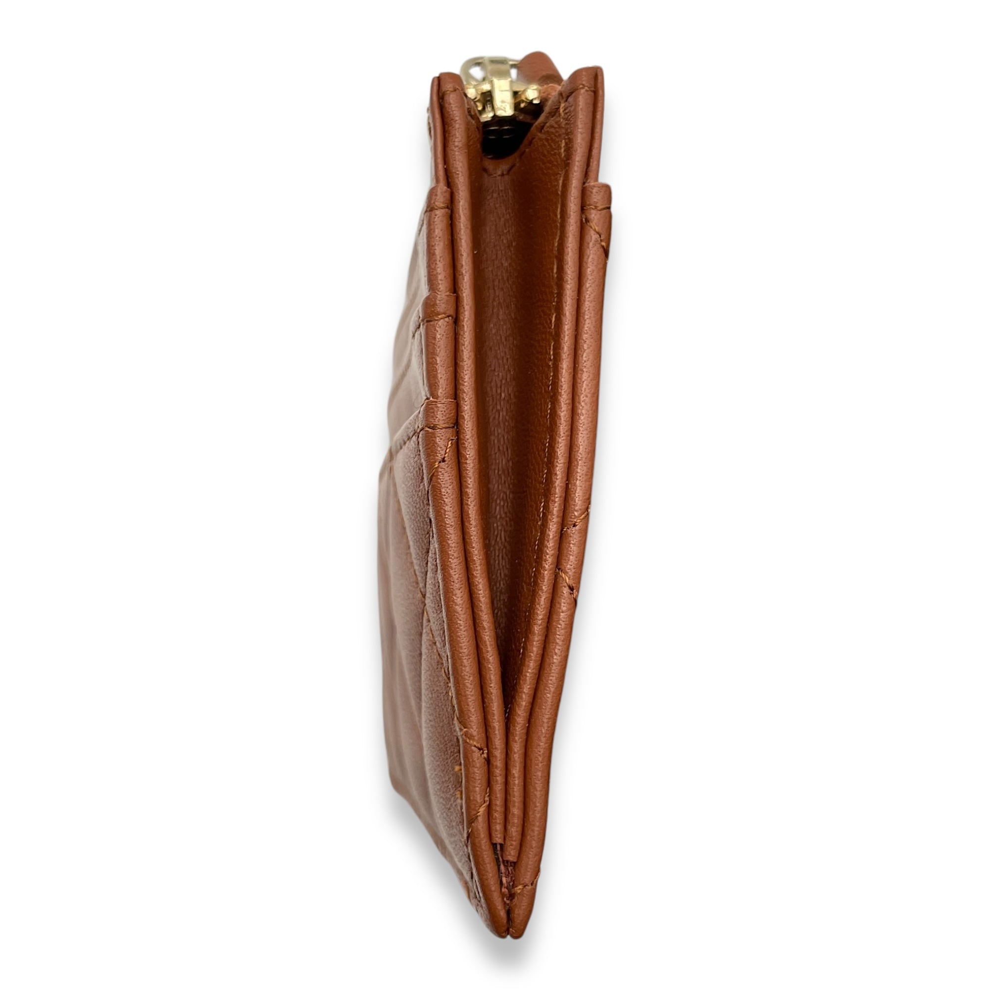 Brown Card Holder in Lambskin, Gold hardware