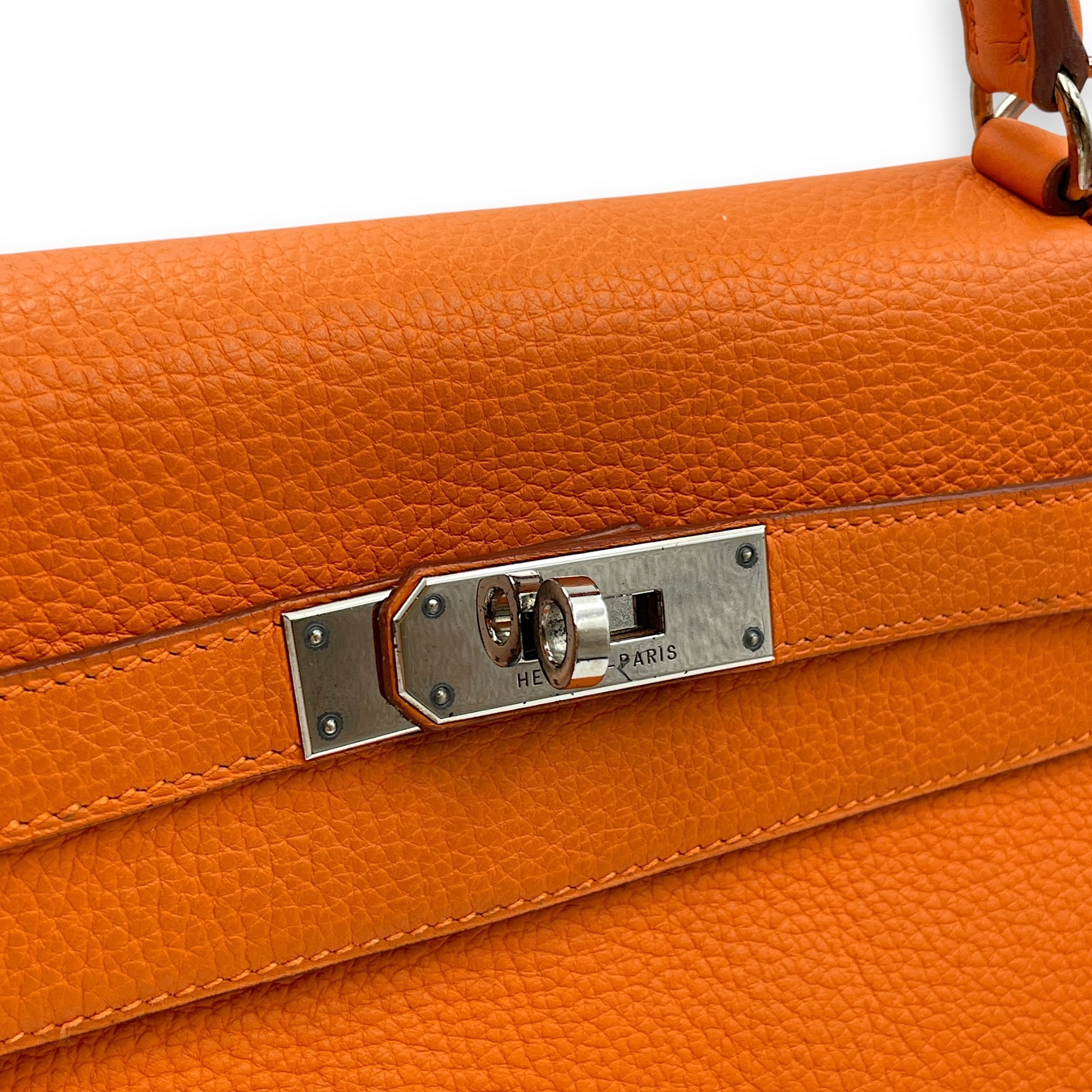 Kelly 32 Orange in Togo Palladium hardware